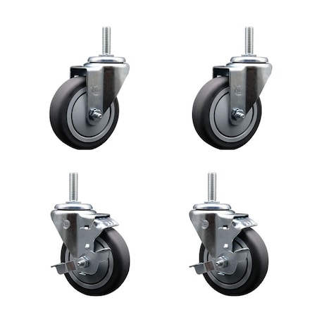 Service Caster 4 Inch Thermoplastic  Rubber Wheel Swivel 34 Inch Threaded Stem Caster Set 2 Brakes SCC SCC-TS20S414-TPRB-34212-2-TLB-2